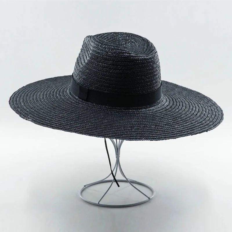 13cm Big Brim Straw Sun Hats for Women Men Beige Black Wide Brim Jazz Hats Sun Protection Beach Hat Derby Church Summer Fedoras - Цвет: Black