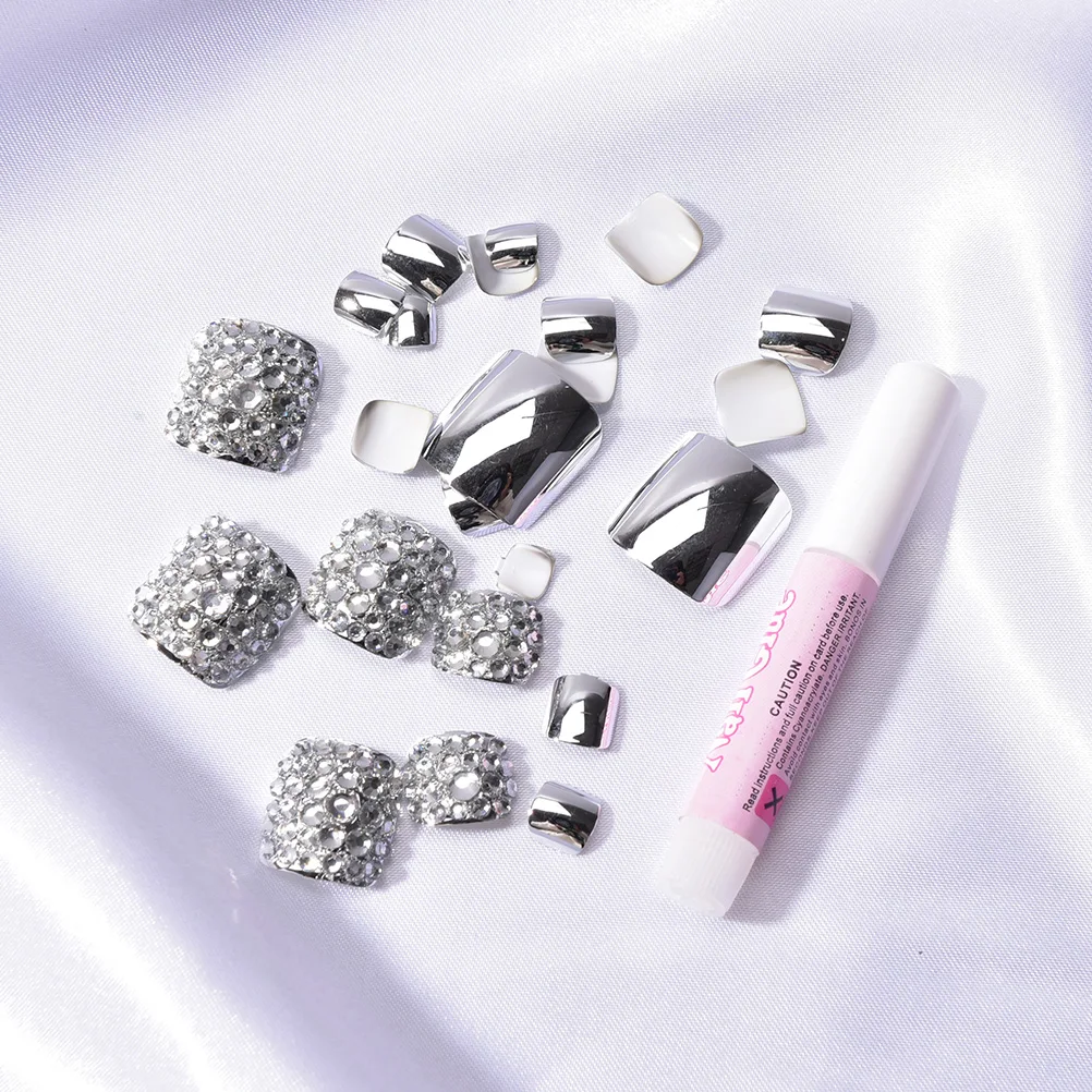 24 Pcs/Set  Metallic silver For Foot Nail  with rhinestone Foot False Nail NEW summer Beautiful Chic Toe Nails