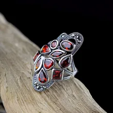 Подлинное твердое 925 пробы Серебряное ювелирный красный гранат кольцо преувеличенное модное женское кольцо натуральный камень старинное ювелирное изделие