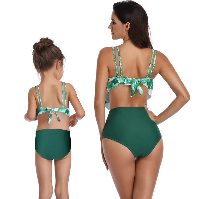 Mother Daughter matching Swimsuits Printing piece double lotus leaf Parent-Child Swimwear Family Matching Swimsuit Outfits