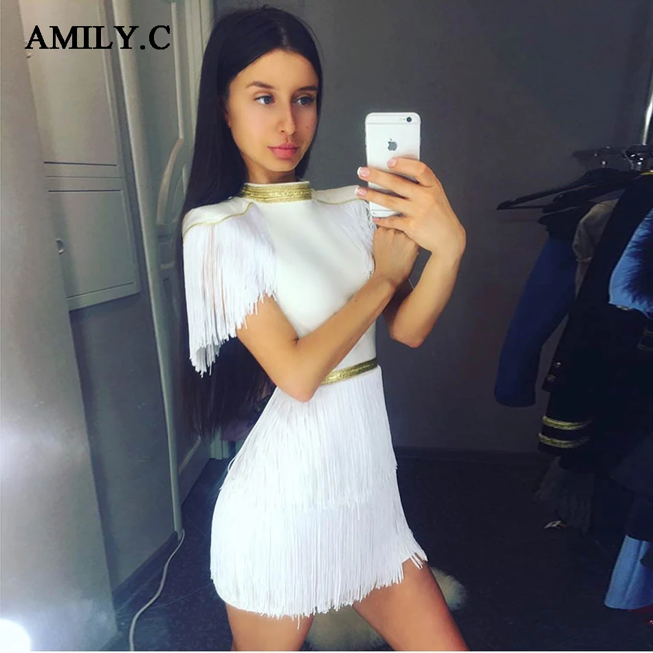 Amily.c мини платье с длинным рукавом круглым вырезом и бахромой Модные Коктейльные