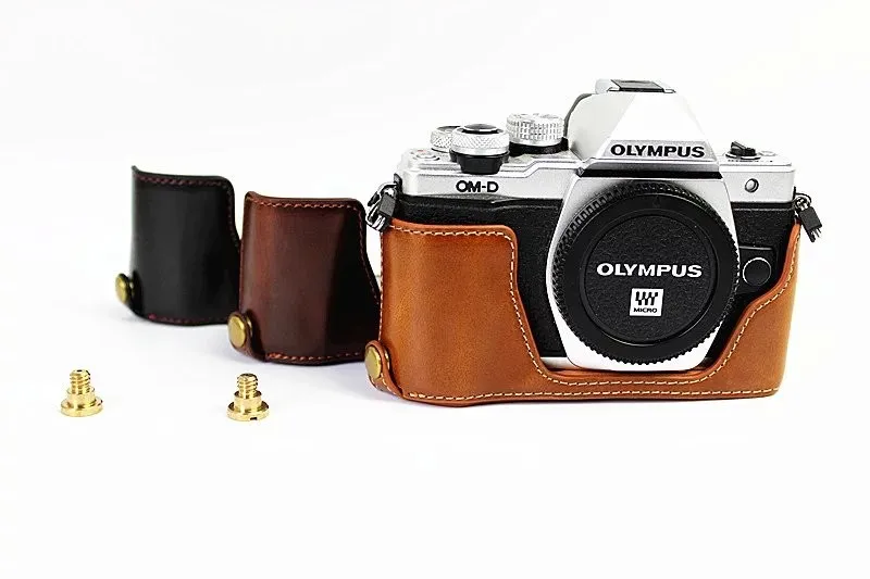 BolinUS Handmade Genuine Real Leather Half Camera Case Bag Cover for Olympus OM-D E-M10 EM10 Mark II Bottom Opening Version Hand Strap Black
