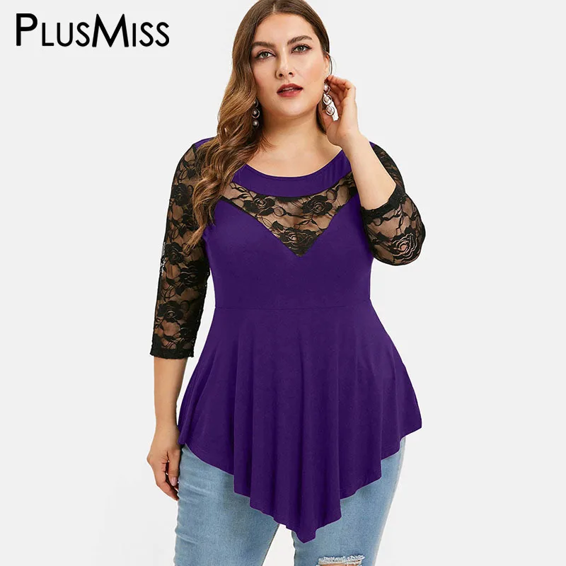 PlusMiss размера плюс 5XL сзади и цветочными кружевами, сексуальная женская блузка-туника женская одежда Лето Большой Размеры рукава Топы дамы XXXXL XXXL XXL - Цвет: Фиолетовый