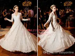 Свадебные платья casamento vestido de noiva 2016 новое романтическое свадебное платье с v-образным вырезом и длинными рукавами с кружевной аппликацией в