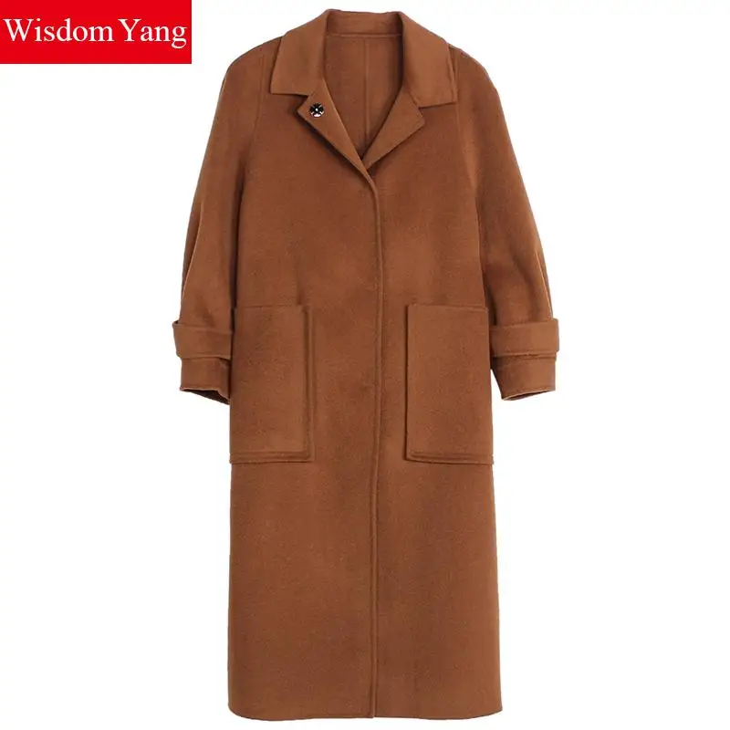 

Winter Coat Brown Long Sleeve 100% Sheep Wool Womens Coats Covered Button Turndown Office Lady Elegant Trench Woolen Overcoats
