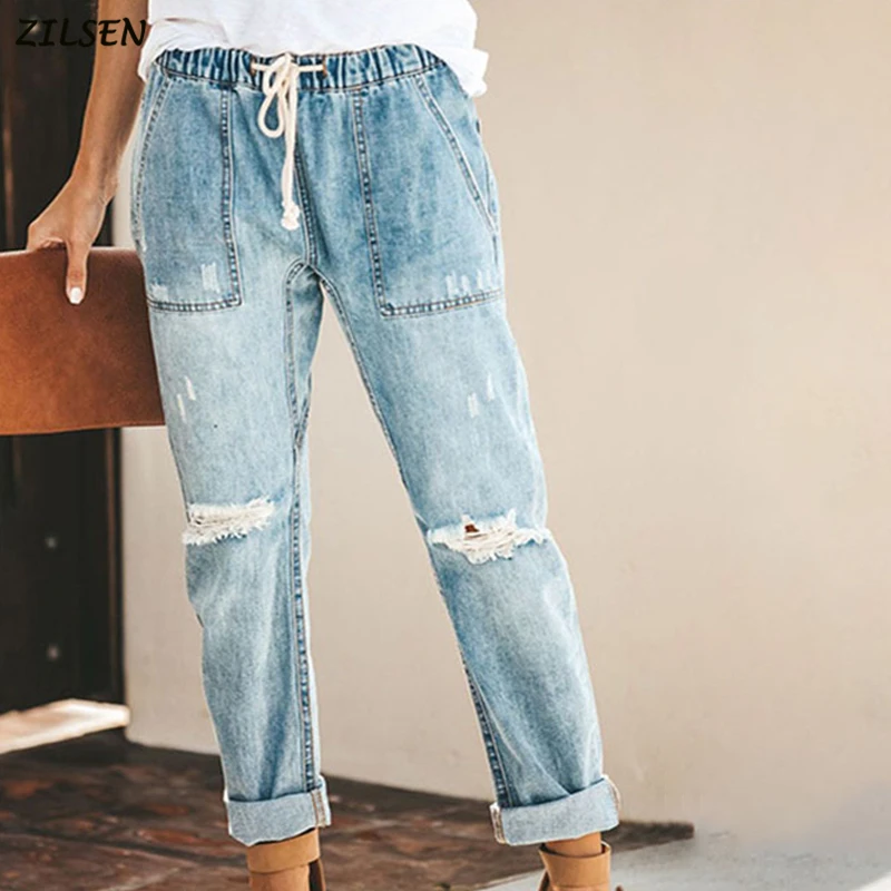 

pants women Jeans Summer Casual Trousers Drawstring Denim Length Jeans Fashion Casual Street Straight Pants Hole Trousers