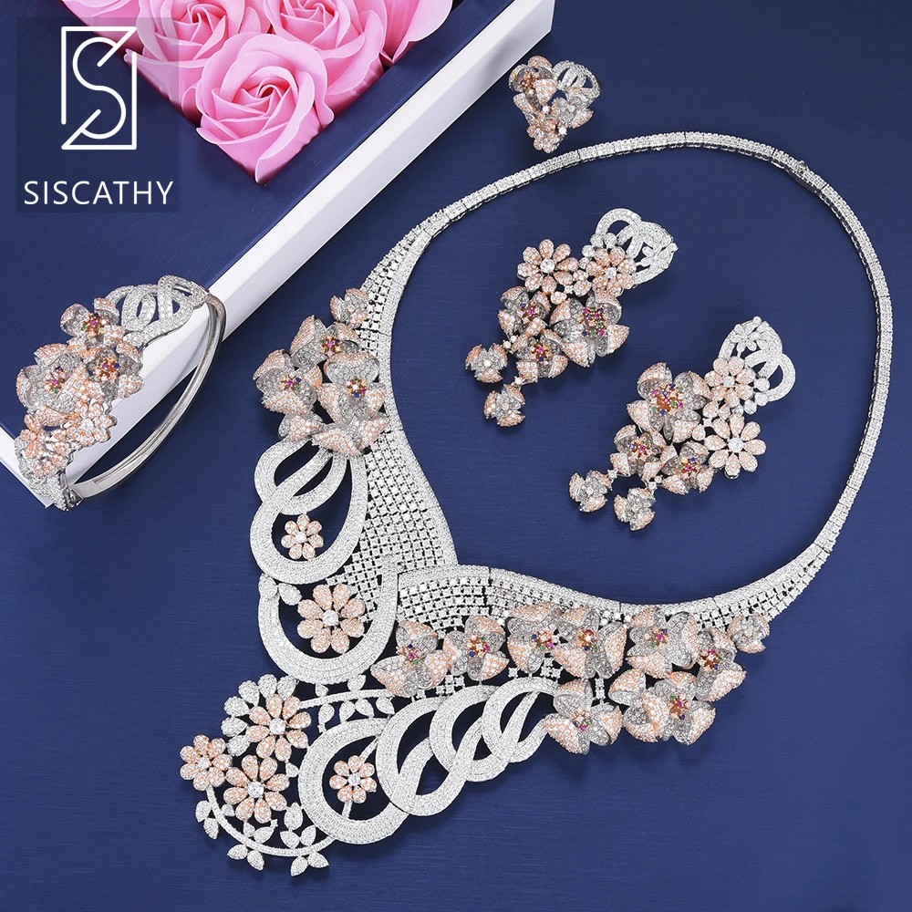 

Siscathy 4PCS Women Statement Jewelry Sets Cubic Zirconia Big Collar Necklace Dangle Earrings Bangle Ring Wedding Jewelry Sets