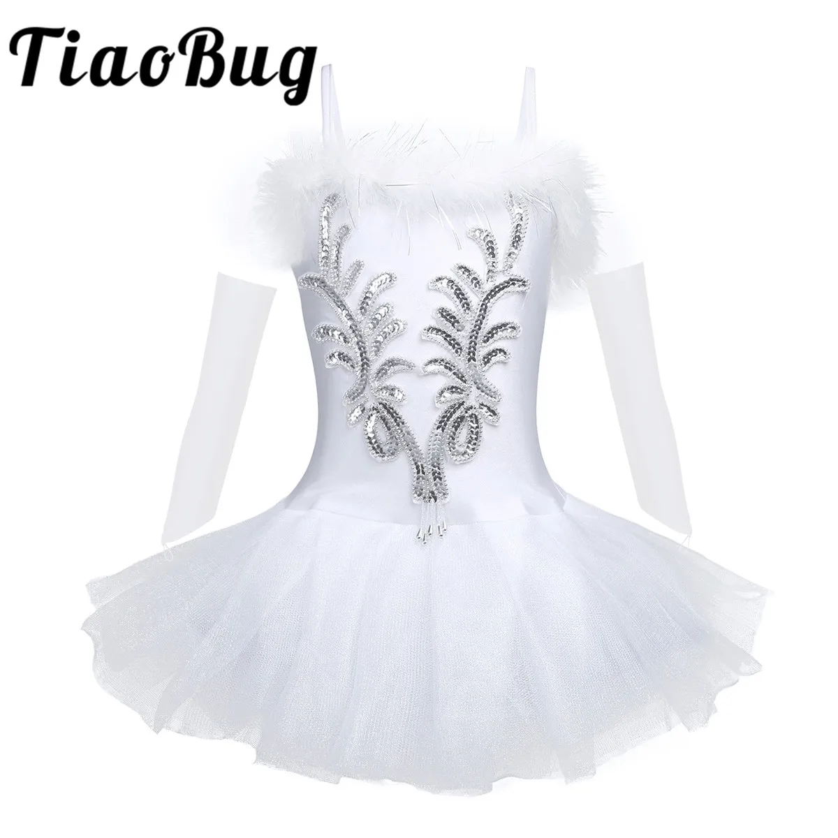 

Kids Girls Flower Dress Sequined Dance Leotard Tutu Dress with Fingerless Gloves Hair Clip for Princess Party Communion Dress