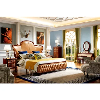 

Antique hand carved bed Italian royal top quality bedroom furniture classical leather bed