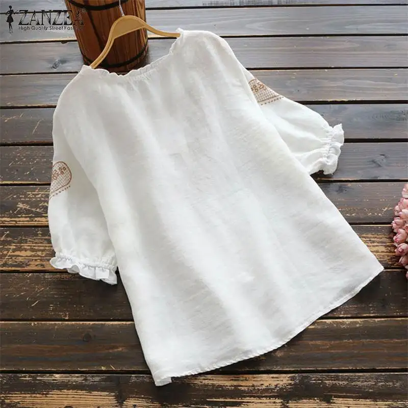 ZANZEA для женщин Вышивка Блузка оборками Топы летние половина рукава хлопок льняная рубашка Винтаж вечерние Blusas роковой сорочка туника