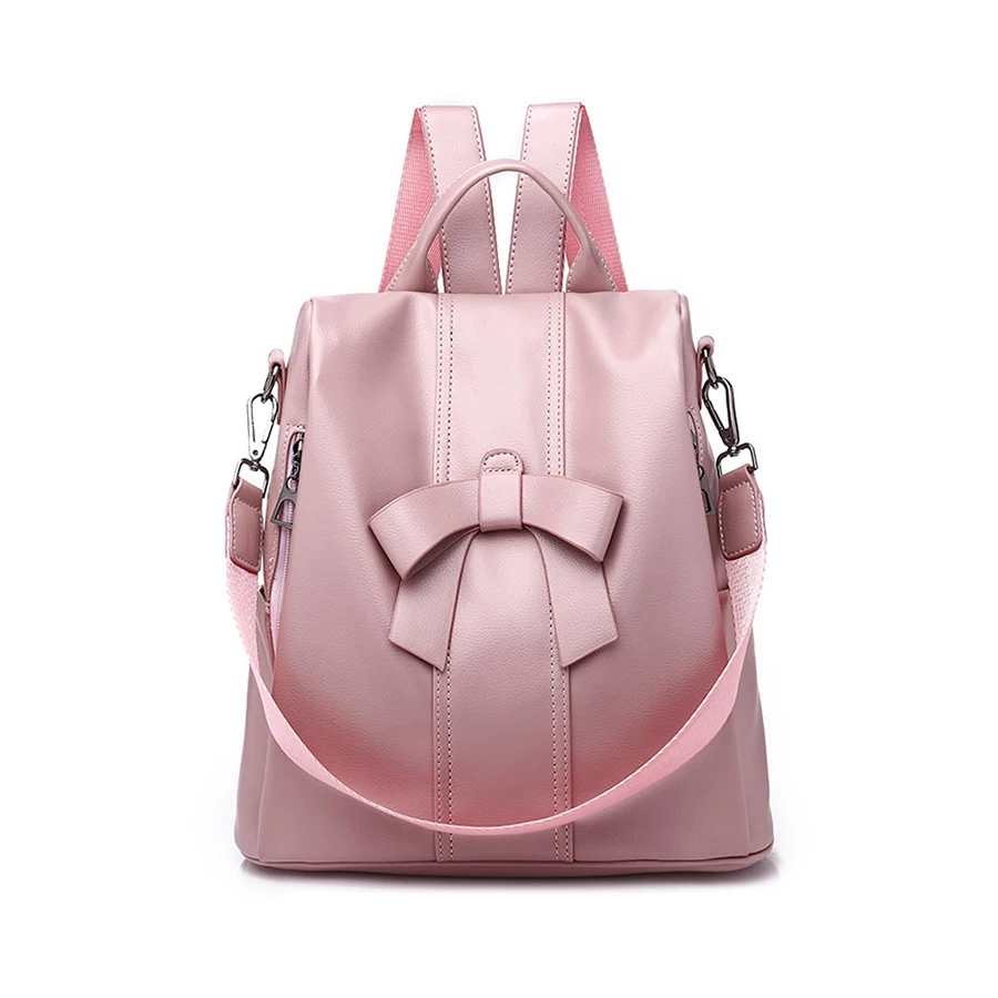 

JHD-Women'S Shoulder Backpack Soft Leather Sweet Lady Bow Casual Travel Backpack