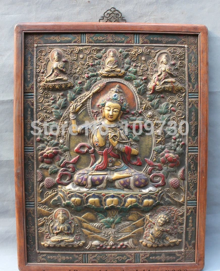 

002799 38" Tibet Purple Bronze Gilt Buddhism Manjushri Buddha Statue Wood FrameThangka
