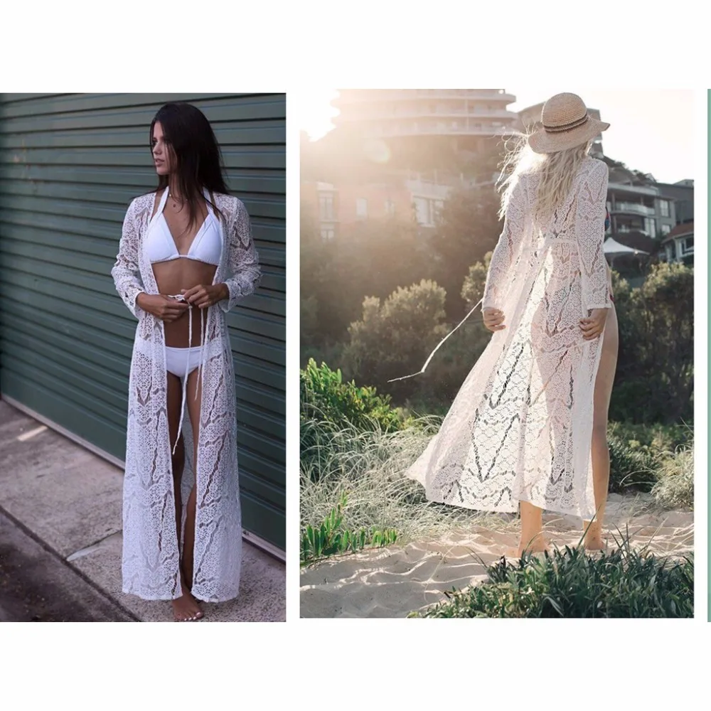 

Beach Cover-Ups Women Lace Dress Crochet Bikini Long Beach Tunics For ladies Robe de Plag Bathing Suit Beach Wear C1902