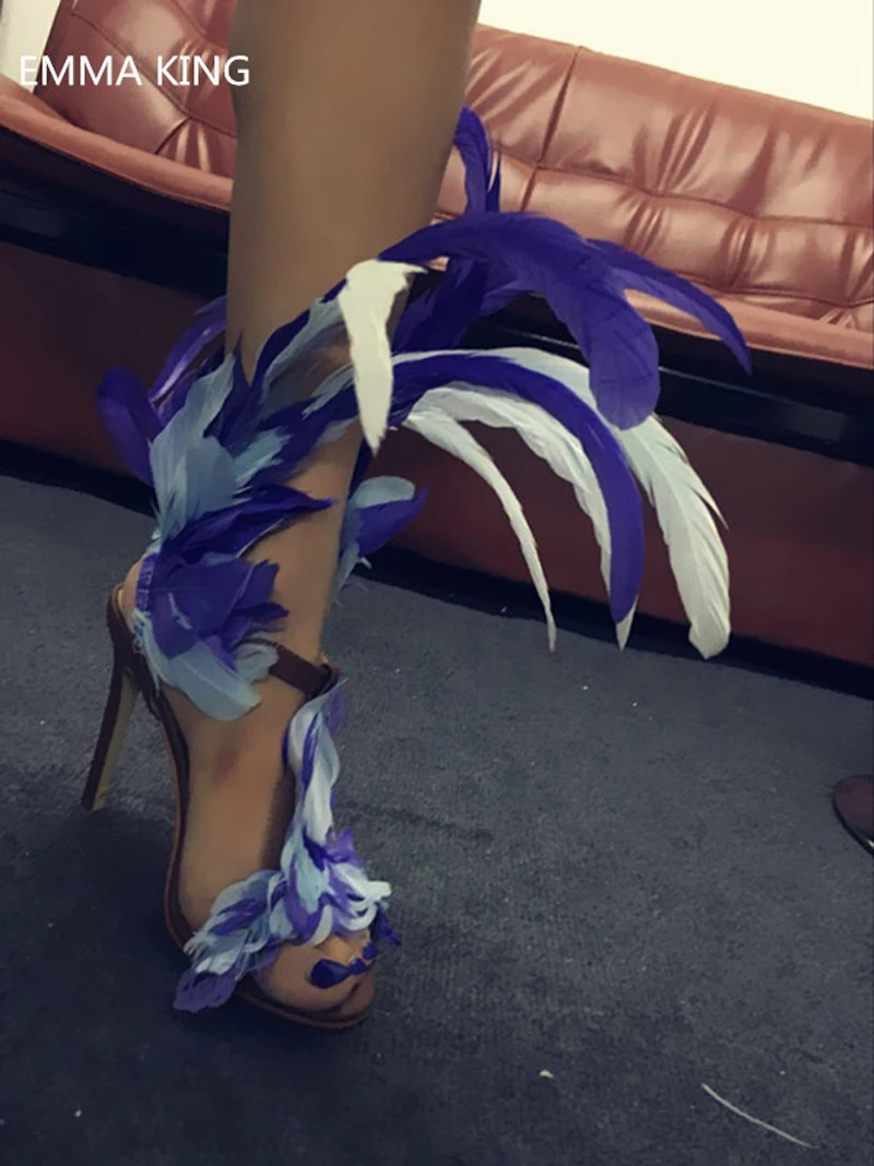 

Rome Style Purple Bird Feather Women Sandals Buckle Strap Stiletto High Heels Summer Ladies Stage Shoes Novelty Sandalias Mujer