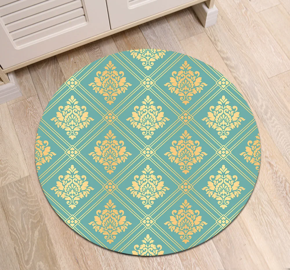 Area Rugs Floral Gold Damask Pattern Floor Decor Carpet Living Room Round Rug Mat Kids Play Rug Non-slip