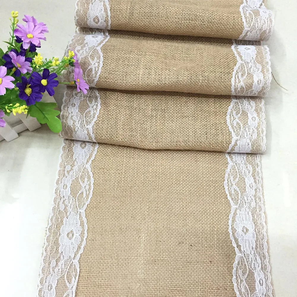 Vintage Burlap Jute Linen Table Runner Lace Cloth Dinning Room Table Gadget Home Decor Accessory E2S