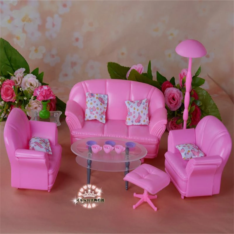 For Barbie Doll Furniture Accessories Toy Pink Sofa Floor Lamp Tea Table  Cup Chair Mirror Lamp Store Gift Girl DIY