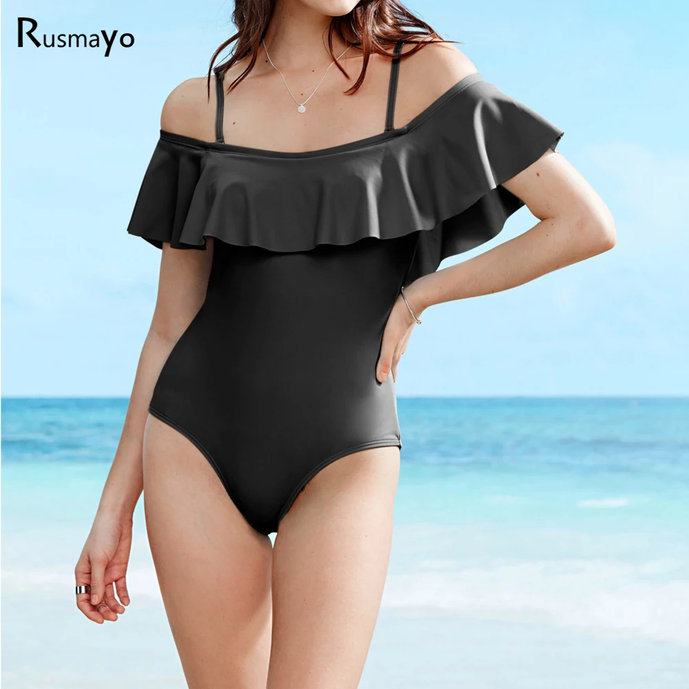Off the shoulder One piece Swimsuit Female Black Monokini Swimwear