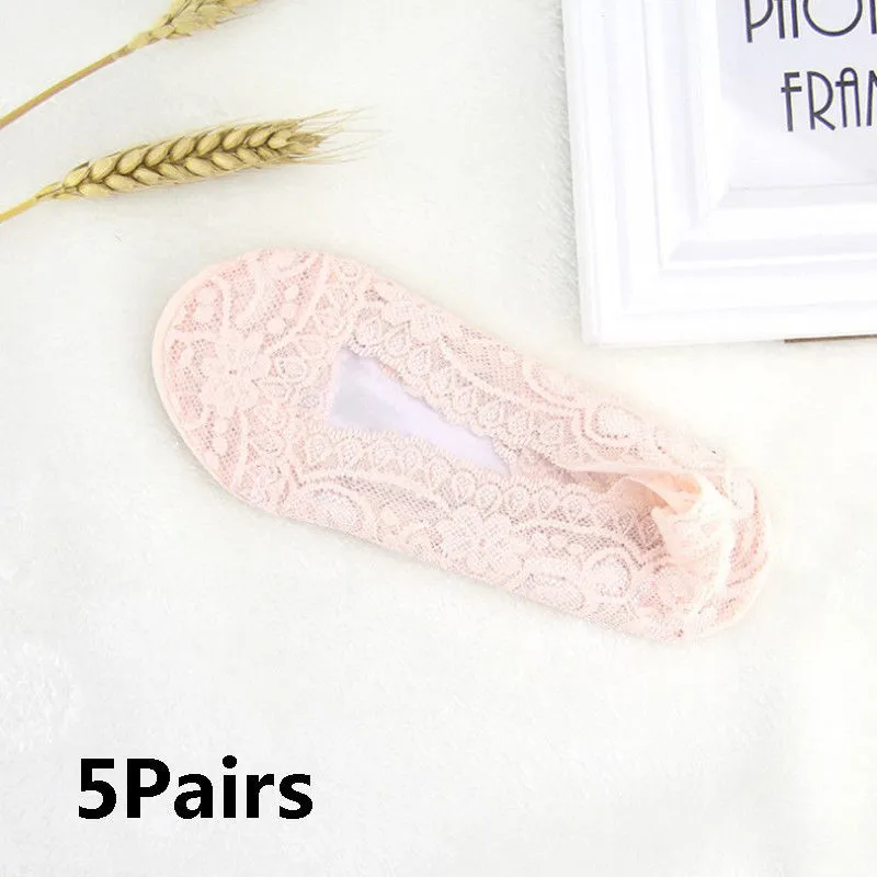5 пар женских кружевных носков в цветочек для девочек, невидимые тонкие носки - Цвет: Розовый