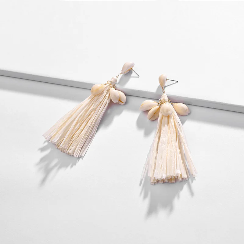

2019 Spring Summer New design Jewelry Conch Shell Raffia Earring America Popular Long Drop Earrings for Women