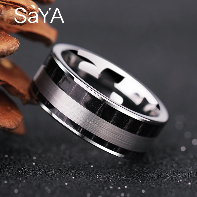 High Polished Tungsten Wedding Rings 8mm Width for Men Inlay Black Wood and Brushed Finishing, Free Shipping, Customized tungsten carbide rings for men inlay hawaiian wood fashion engagement wedding bands anniversary jewelry gift free shipping