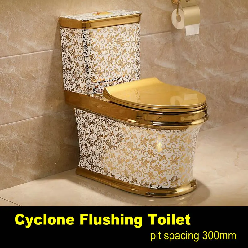 Художественный Золотой Цельный унитаз Cyclone Fluishing S-Trap напольный роскошный вилла ванная комната сиденье унитаз - Цвет: pit spacing 300mm