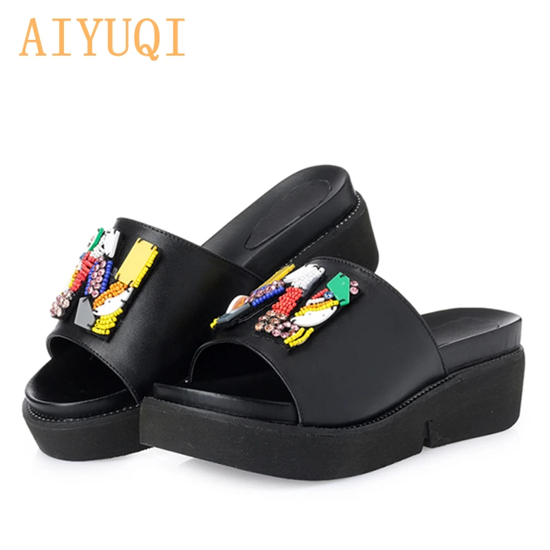

AIYUQI 2019 New Summer Genuine Leather Women's Slippers. Outdoor Comfort Muffins with 1 Word woman platform flip flops