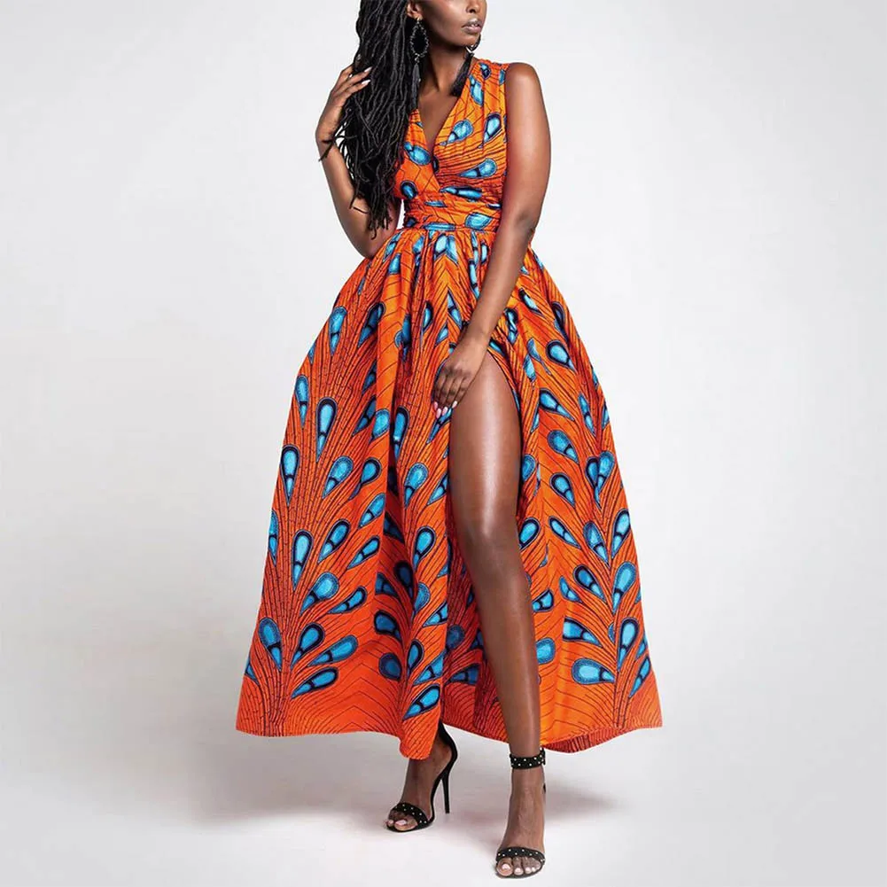 SUNGIFT африканская Дашики стиль платья для женщин Африканский принт Подол Макси платье спереди разрез платья 5 цветов 2019 летнее Повседневное