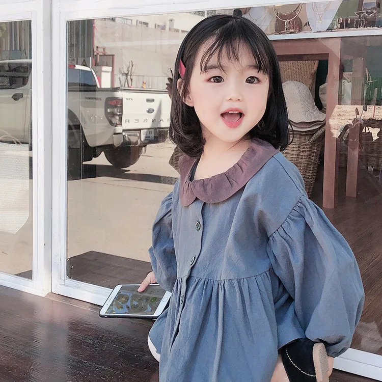 Весенние милые платья для маленьких девочек с рукавами-буфами и цветными блоками Детские однобортные блузки, подходящие ко всему, для детей от 1 до 7 лет