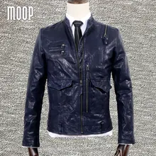 Designer retro blue genuine leather coat 100%lambskin jacket real leather motorcycle jacket manteau homme veste cuir homme LT794
