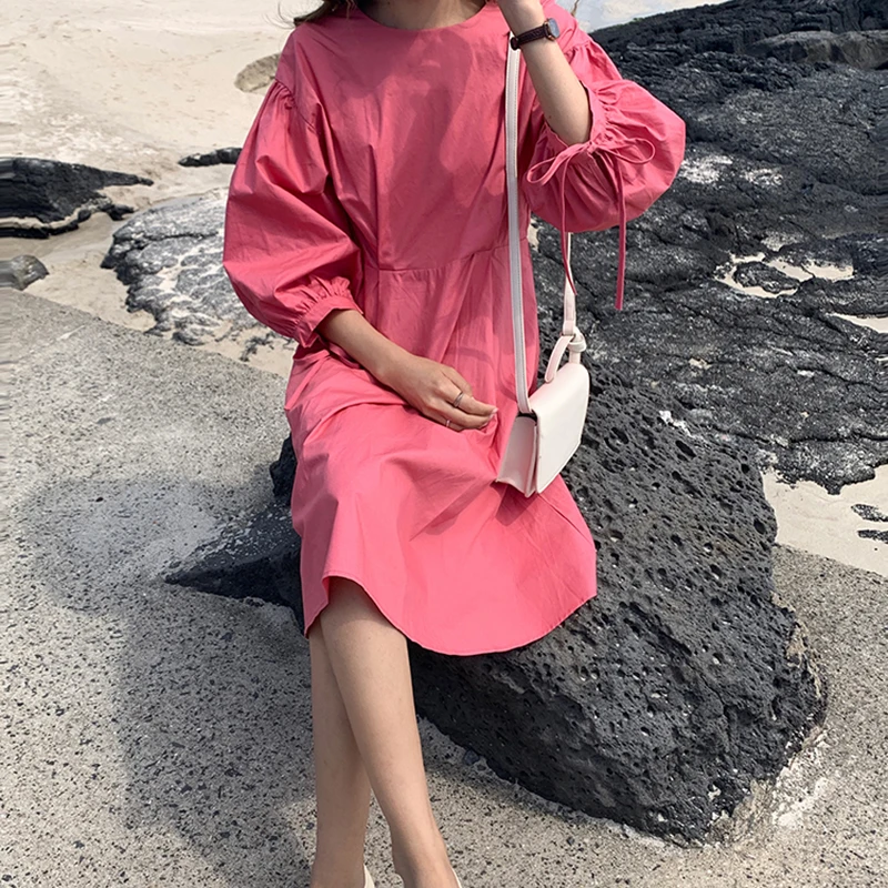 

Pink Bow Tie With Lantern Sleeve Dress Women's Lovely Dresses Chic Ins Kawaii Female Sweet Harajuku Punk Clothing For Women Cute