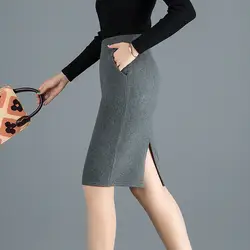 2018 новая осенне-зимняя шерстяная теплая Юбка До Колена Женская эластичная Saia офисный женский узкий юбка-карандаш с завышенной талией