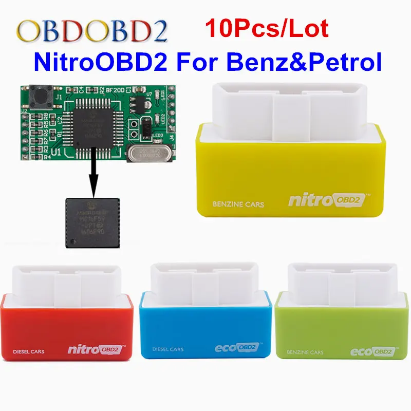 

10pcs/Lot Benzine&Petrol Cars Nitro OBD2 Plug&Drive OBD2 ECU Chip Tuning BOX OBD2 Car Diagnostic Scanner Yellow Color NitroOBD2