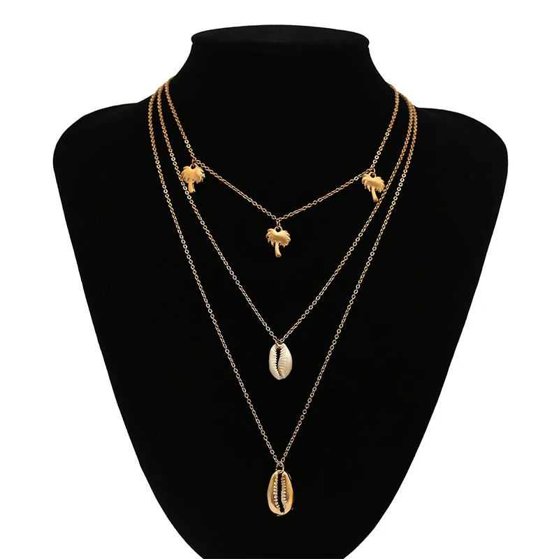 

HOT Bohemia Multilayer Coconut Tree Natural Shell Choker Necklace Statement Alloy Shell Seashell Pendant Necklace for Women