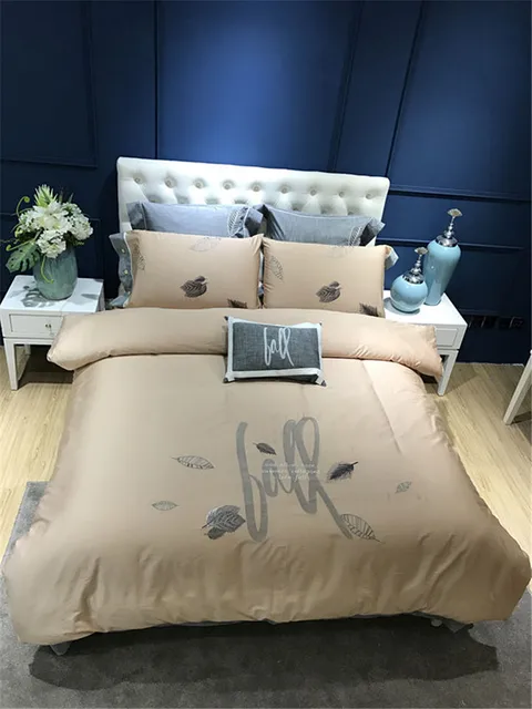 4 7 Pieces Leaves Embroidery Luxury Egyptian Cotton Bedding Set King 4 7 Pieces Leaves Embroidery Luxury Egyptian Cotton Bedding Set King Beige