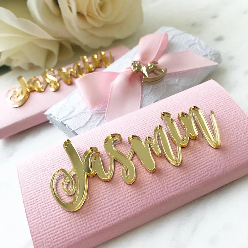 

Custom Made Gold Acrylic Mirror NameTags, Laser Cut Lettering Tags, Personalized Acrylic NameTags for Baby Chocolates Favor