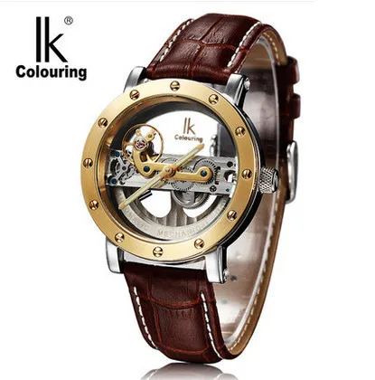 Luxury Brand IK Colouring Leather Strap Transparent Dial Golden Case Mens Watches Automatic Mechanical Orologio Men