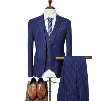 

(jacket + vest + trousers) men's fashion stripes formal business single-breasted suit three-piece suit groom's suit suits men