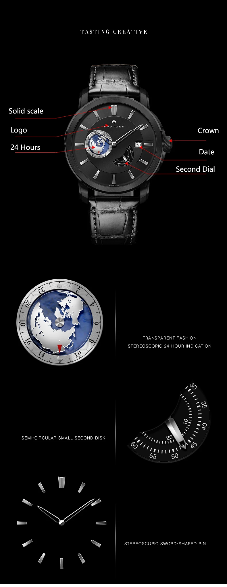 PONIGER швейцарские роскошные Брендовые мужские часы Япония NH35A автоматические механические часы для мужчин 50 м водонепроницаемые сапфировые часы P523-2