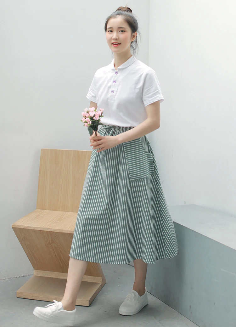 leather skirt Spring Summer Women Vertical stripes Skirts Casual Loose Cotton Linen Female With Pockets Vintage Elastic waist lacing Skirts tennis skirt outfits