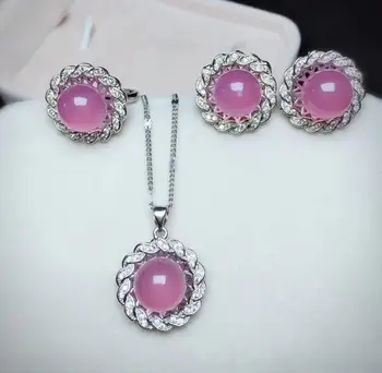 

Fine jewelryFine 925 Mosaic Natural 3 color Chalcedony Pendant Ring Earrings Jewelry Suit free shipping with box