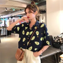 Летняя женская рубашка с коротким рукавом и отложным воротником, корейские рубашки с фруктовым принтом, женские блузки, Повседневная Свободная блуза