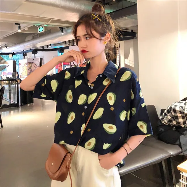 US $5.64 2019 Summer Short Sleeve Turn Down Collar Women Shirt Korean Fruit Print Shirts Women Blouses Coupl