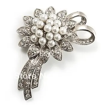 

Beautiful Rhodium Silver Plated Clear Rhinetone Crystal and Ivory Pearl Flower Bow Brooch for wedding