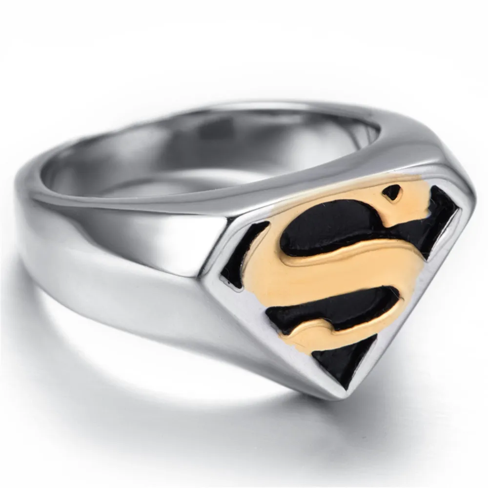 Mens Stainless Steel Ring, Biker, Gold, Black, Supermen, KR2216|ring ...