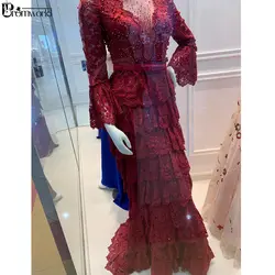 Бордовый мусульманские Вечерние платья 2019 кружева Бисер одежда с длинным рукавом торжественное платье ислам Дубаи Саудовская Арабский