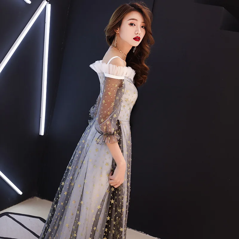 Evening Dress Long Full Stars Embroidery Pattern Party Gowns Sexy Boat Neck Half Sleeve Floor Length Formal Prom Dresses E059