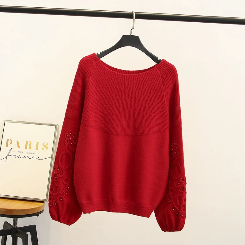Pearls Women Sweater Plus Size Pullovers Casual O-neck Loose Stretched Long Sleeve Knitted Sweater SWM1230 Pearls Women Sweater Plus Size Pullovers Casual O-neck Loose Stretched Long Sleeve Knitted Sweater SWM1230