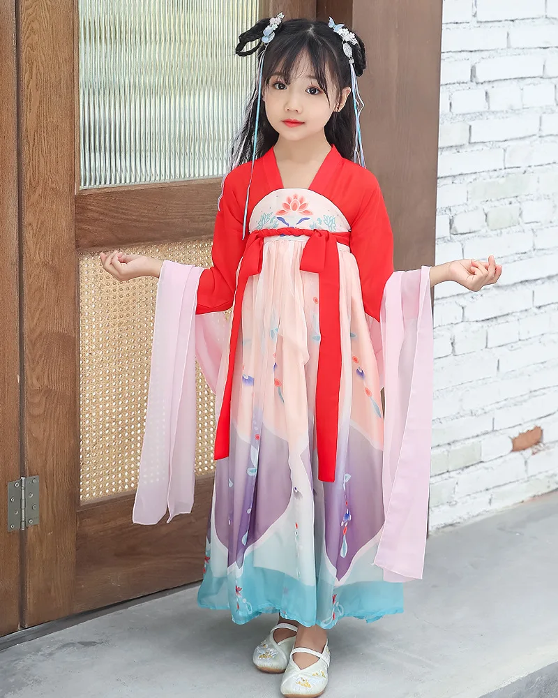 Hanfu народный танцевальный костюм для детей; Спортивный костюм для маленьких девочек; праздничная одежда; традиционный старинный костюм в китайском стиле для выпускного вечера; сказочное длинное платье
