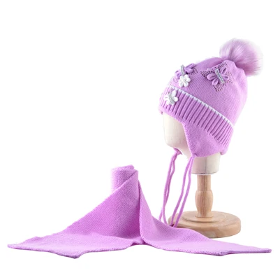 Теплые шапки и шарф комплект для девочек зимние вязаные милые детские вязаные чепчик с имитацией меха помпон толстые ушные колпачки закрылков комплекты для детей шапка - Цвет: Purple